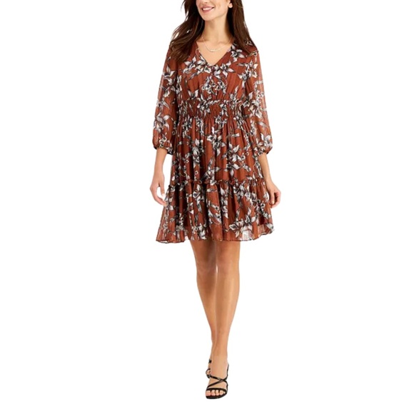 Just...Taylor Dresses & Skirts - Just Taylor Brown Floral Bronze Metallic Thread Dress NWOT Size 6